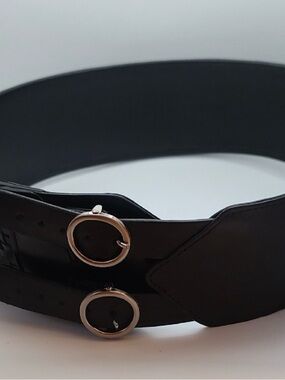 Cole Haan Black Double-Ring Waist Belt with Gold Buckles